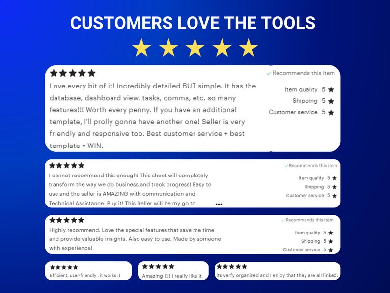 Op de afbeelding: Een blauwe grafische weergave met de titel CUSTOMERS LOVE THE TOOLS en vijf gele sterren. Het bevat meerdere vijfsterrenrecensies met tekst die een digitale sjabloon, database en dashboard prijst, naast beoordelingen voor kwaliteit en service.