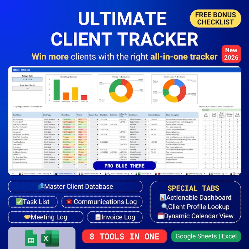 Client Tracker CRM Google Sheets Excel Template CRM Dashboard Small Business Planner Sales Tracker Invoice Tracker Lead Tracker Task Tracker image 1