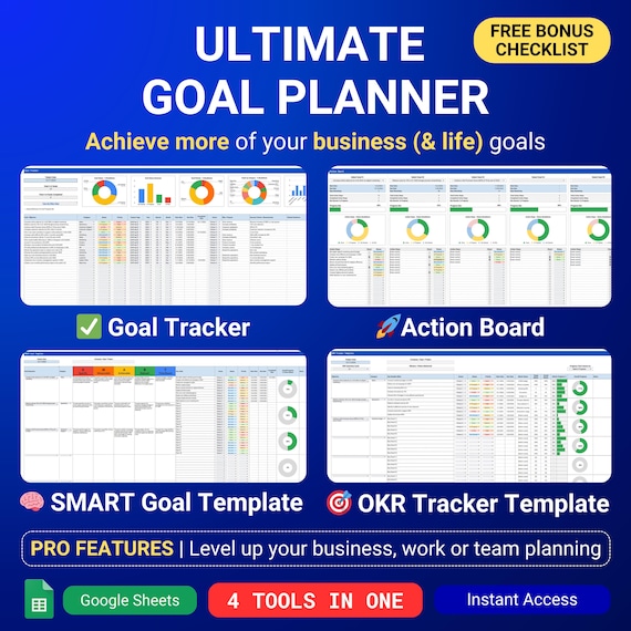 Goal Planner Goal Tracker Google Sheets SMART Goal Spreadsheet OKR Template Yearly Quarterly Monthly Business Goal Annual Plan 2026 New Year