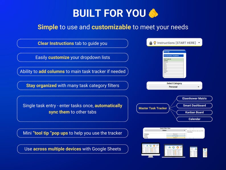 May include: A blue and yellow graphic with the text "BUILT FOR YOU" and a yellow triangle. The graphic lists features of a task tracker, including clear instructions, customizable dropdown lists, adding columns, task category filters, single task entry, tool tips, and use across multiple devices with Google Sheets. The graphic also shows a screenshot of the task tracker interface.