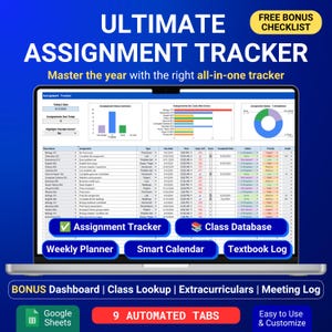 Könnte beinhalten: Ein digitaler Aufgaben-Tracker auf einem Laptop-Bildschirm, der eine Tabelle mit Spalten für Kursname, Aufgabe, Fälligkeitsdatum und Status zeigt. Die Benutzeroberfläche enthält Balken- und Kreisdiagramme sowie Schaltflächen für Tracker, Datenbank und Planer.