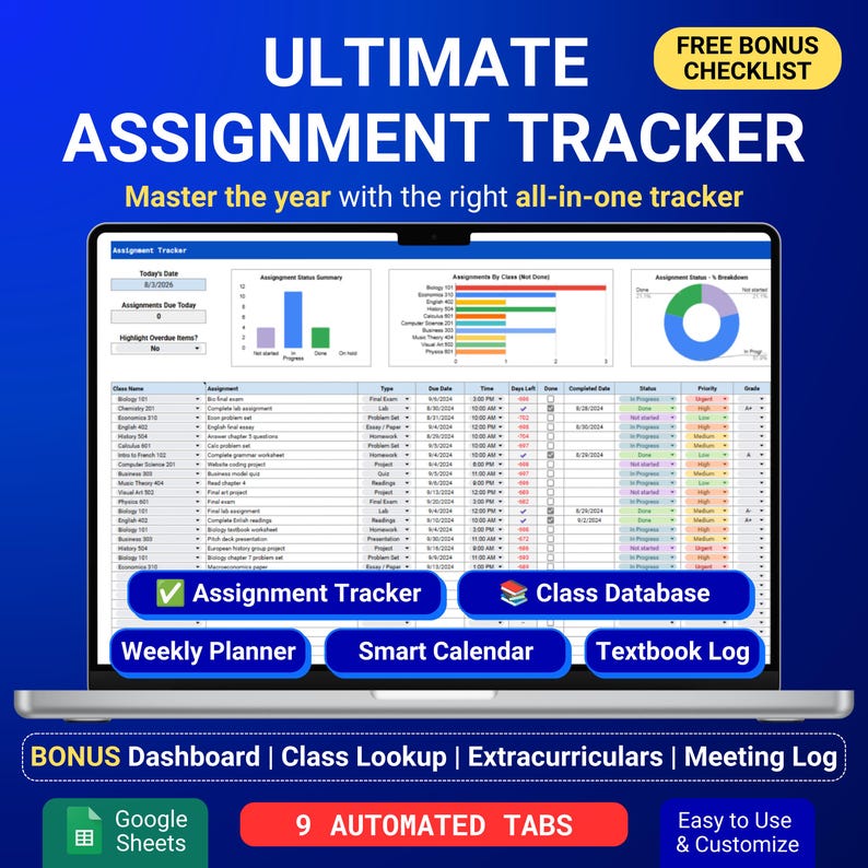 Op de afbeelding: Een digitale opdrachten-tracker weergegeven op een laptopscherm, met een spreadsheet met kolommen voor klasnaam, opdracht, vervaldatum en status. De interface bevat staaf- en cirkeldiagrammen, plus knoppen voor tracker, database, planner en kalender.