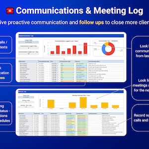 May include: A screenshot of a computer screen showing a communications and meeting log. The log is divided into two sections: communications and meetings. The communications section shows a list of recent calls, emails, and texts, along with the outcome of each communication. The meetings section shows a list of upcoming meetings, along with the meeting type, meeting objective, and meeting notes.