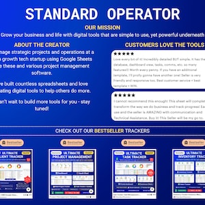 May include: A blue background with the text "STANDARD OPERATOR" in white. The text "OUR MISSION" is below in white. The text "Grow your business and life with digital tools that are simple to use, yet powerful underneath" is below in white. The text "ABOUT THE CREATOR" is below in white. The text "I manage strategic projects and operations at a high growth tech startup using Google Sheets like these and various project management software." is below in white. The text "I've built countless spreadsheets and love creating digital tools to help others do more." is below in white. The text "I can't wait to build more tools for you - stay tuned!" is below in white. The text "CUSTOMERS LOVE THE TOOLS" is below in white. There are two five-star reviews below the text. The text "CHECK OUT OUR BESTSELLER TRACKERS" is below in white. There are four images of Google Sheets templates below the text. The first image is titled "ULTIMATE CLIENT TRACKER". The second image is titled "ULTIMATE PROJECT MANAGEMENT". The third image is titled "ULTIMATE TASK TRACKER". The fourth image is titled "ULTIMATE INVENTORY TRACKER".