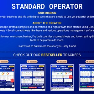 May include: A blue graphic with the text "STANDARD OPERATOR" and "OUR MISSION". Below are four "BESTSELLER" trackers: Client, Project Management, Task, and Inventory. The text also includes "ABOUT THE CREATOR".