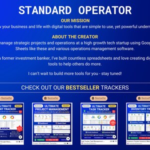 Op de afbeelding: Een blauwe en witte afbeelding met de tekst "STANDARD OPERATOR" in wit. De afbeelding bevat ook de tekst "OUR MISSION", "ABOUT THE CREATOR" en "CHECK OUT OUR BESTSELLER TRACKERS". Er zijn vier afbeeldingen van Google Sheets met de tekst "ULTIMATE CLIENT TRACKER", "ULTIMATE PROJECT MANAGEMENT", "ULTIMATE TASK TRACKER" en "ULTIMATE INVENTORY TRACKER".