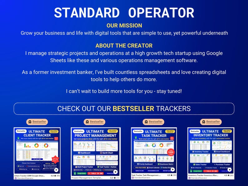 Op de afbeelding: Een blauwe en witte afbeelding met de tekst "STANDARD OPERATOR" in wit. De afbeelding bevat ook de tekst "OUR MISSION", "ABOUT THE CREATOR" en "CHECK OUT OUR BESTSELLER TRACKERS". Er zijn vier afbeeldingen van Google Sheets met de tekst "ULTIMATE CLIENT TRACKER", "ULTIMATE PROJECT MANAGEMENT", "ULTIMATE TASK TRACKER" en "ULTIMATE INVENTORY TRACKER".