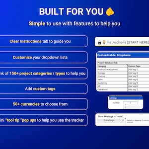 May include: A blue screen with white text that reads "BUILT FOR YOU" and a yellow coin icon. The text "Simple to use with features to help you" is below the title.  There are several blue buttons with white text that describe features of the product.  The buttons read: "Clear Instructions tab to guide you", "Customize your dropdown lists", "Bank of 150+ project categories / types to help you", "Add custom tags", "50+ currencies to choose from", and "Mini "tool tip" pop ups to help you use the tracker".  There are also two screenshots of the product interface.  The first screenshot shows a table with the text "Project Database Tab" and "Custom Tags".  The second screenshot shows a dropdown menu with the text "Show Meetings or Tasks?" and "Meetings".