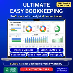 May include: A laptop screen shows a financial dashboard with charts and graphs. The text reads "ULTIMATE EASY BOOKKEEPING" and "Profit more with the right all-in-one tracker." Buttons include "Income & Expenses" and "Sales & Profit Goals."