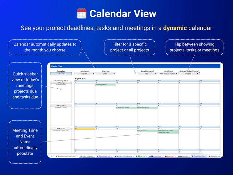 May include: A screenshot of a calendar view software interface. The calendar is displayed in a grid format with the month of August 2023 highlighted. The software allows users to filter for specific projects or all projects, and to view projects, tasks, or meetings. The software also includes a sidebar that displays a quick view of today's meetings, projects due, and tasks due.