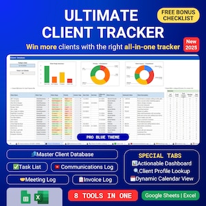 Client Tracker CRM Google Spreadsheets Excel-sjabloon CRM-dashboard Small Business Planner Verkooptracker Factuurtracker Leadtracker Taaktracker