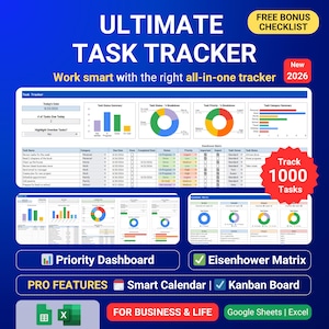 Rastreador de tareas Gestión de tareas Hojas de cálculo de Google Plantilla de Excel Lista de tareas Matriz de Eisenhower Kanban Planificador diario de prioridades del equipo Panel de control empresarial