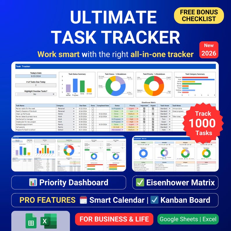 Task Tracker Task Management Google Sheets Excel Template To Do List Eisenhower Matrix Kanban Daily Team Priority Planner Business Dashboard image 1