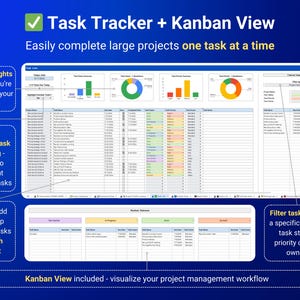 May include: A screenshot of a computer screen showing a task tracker and Kanban view spreadsheet. The spreadsheet has columns for task name, description, due date, priority, status, and owner. The Kanban view shows tasks organized by status, such as "Not Started", "In Progress", and "Done". The text "Task Tracker + Kanban View" is at the top of the screen. The text "Easily complete large projects one task at a time" is below the title.