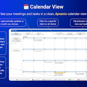 May include: A screenshot of a calendar view software interface. The calendar is for June 2024 and shows a list of meetings and tasks. The user can filter by client and view either meetings or tasks.