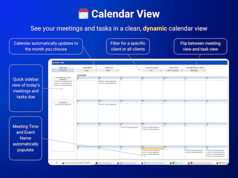 May include: A screenshot of a calendar view software interface. The calendar is for June 2024 and shows a list of meetings and tasks. The user can filter by client and view either meetings or tasks.