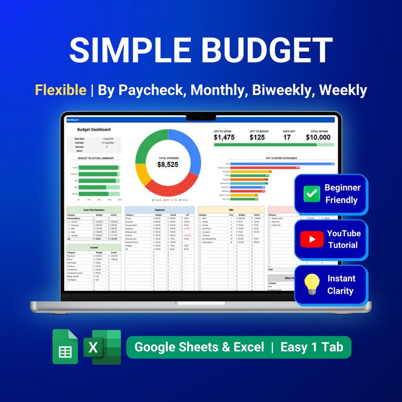 Może przedstawiać: Cyfrowy pulpit nawigacyjny budżetu na ekranie laptopa z tekstem SIMPLE BUDGET, Flexible | By Paycheck, Monthly, Biweekly, Weekly. Zawiera wykres kołowy, wykresy słupkowe i tabele finansowe. Zawiera etykiety Beginner Friendly, YouTube Tutorial, Instant Clarity oraz tekst Google Sheets & Excel | Easy 1 Tab.