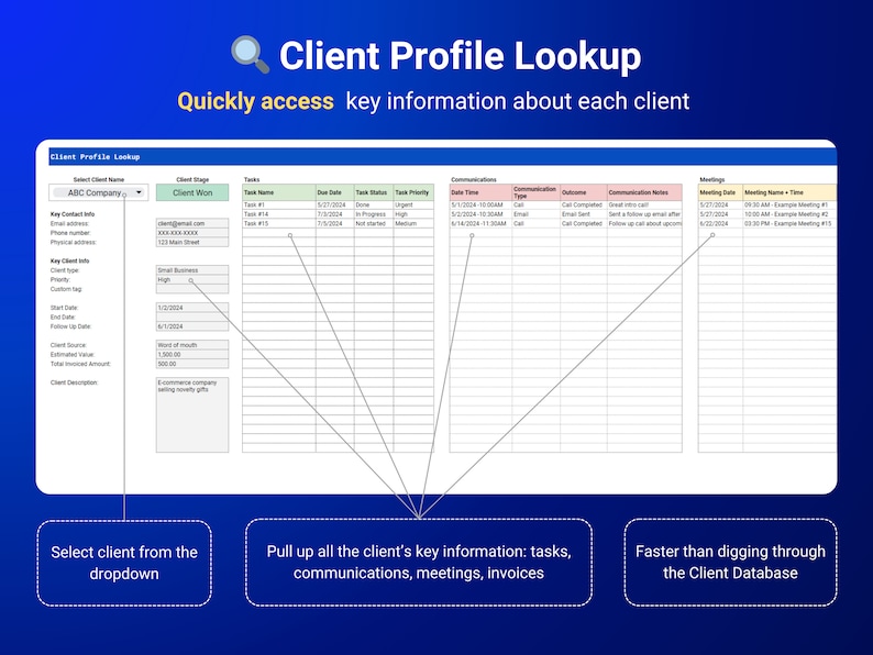 May include: A screenshot of a computer screen showing a client profile lookup tool. The tool allows users to quickly access key information about each client, including tasks, communications, meetings, and invoices. The tool is designed to be faster than digging through the client database.