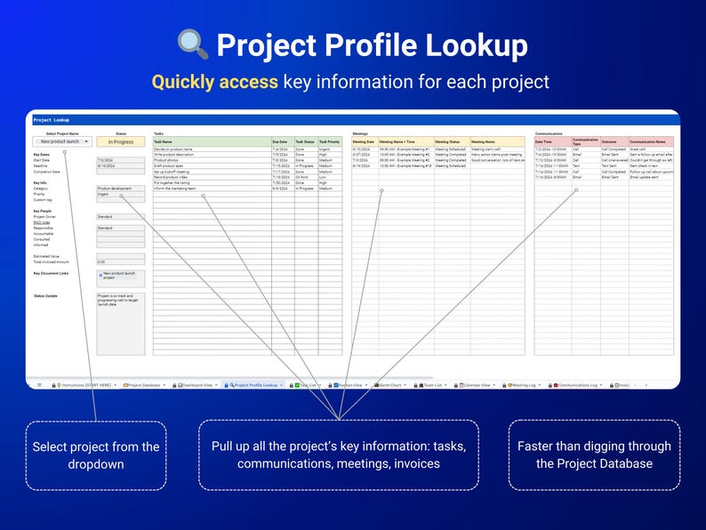 May include: A screenshot of a computer screen showing a project management tool. The tool allows users to quickly access key information for each project, including tasks, communications, meetings, and invoices. The tool is faster than digging through a project database.