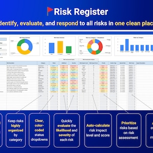 May include: A digital graphic titled "Risk Register" with the text "Identify, evaluate, and respond to all risks in one clean place." The graphic includes charts, tables, and bullet points describing features like centralized logs and color-coded dropdowns.