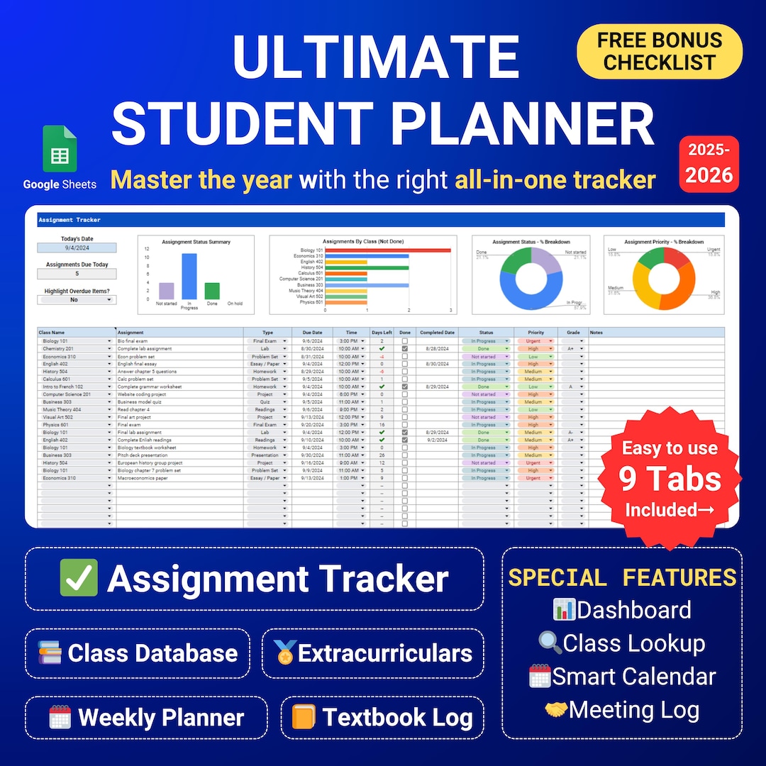 Student Planner Assignment Tracker Academic Planner Google Sheets ...