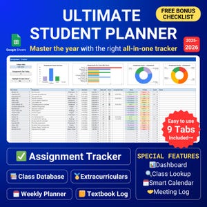 Student Planner Assignment Tracker Academic Planner Google Sheets Template College Planner Homework Study Planner Task List Weekly Dashboard