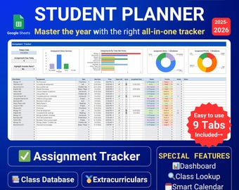 Student Planner Assignment Tracker Academic Planner Google Sheets ...