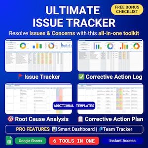 Issue Tracker Problemi e problemi Modello Fogli Google Foglio di calcolo per la gestione dei progetti Registro dei problemi Piano di azioni correttive Analisi della causa principale