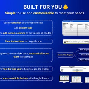 May include: A blue graphic with the text "BUILT FOR YOU" and features of a tracker. The tracker is simple to use and customizable. It includes dropdown lists, custom tags, and columns. It syncs entries and is usable across multiple devices.