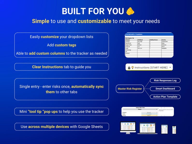 May include: A blue graphic with the text "BUILT FOR YOU" and features of a tracker. The tracker is simple to use and customizable. It includes dropdown lists, custom tags, and columns. It syncs entries and is usable across multiple devices.
