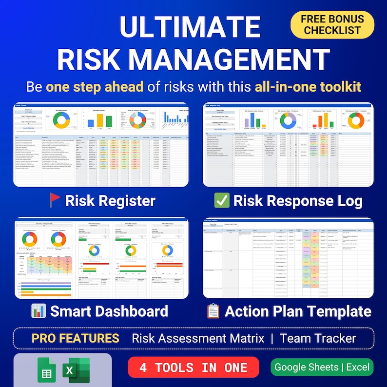 May include: A blue graphic with the text "ULTIMATE RISK MANAGEMENT" and "Be one step ahead of risks with this all-in-one toolkit." The image includes four tools: Risk Register, Risk Response Log, Smart Dashboard, and Action Plan Template. It also features "PRO FEATURES" and "4 TOOLS IN ONE."