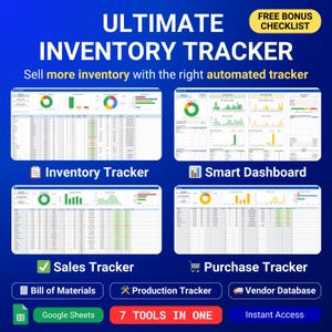 Tracker inventario Gestione inventario Fogli Google Foglio di calcolo inventario per piccole imprese Modello di contabilità Dashboard vendite Tracker ordini