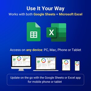 Może przedstawiać: Cyfrowa grafika na niebieskim tle z tekstem Use It Your Way, Works with both Google Sheets + Microsoft Excel, Access on any device: PC, Mac, Phone or Tablet, oraz Update on the go with the Google Sheets or Excel app.