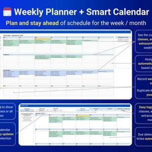 Op de afbeelding: Een digitale weekplanner en slimme kalenderinterface met een blauw-witte lay-out, ingedeeld in secties voor lessen, opdrachten en buitenschoolse activiteiten. Het scherm bevat interactieve schakelaars, geautomatiseerde planning en maandelijkse kalenderweergaven met tekstlabels die functies zoals automatische synchronisatie en notitiebeheer beschrijven.