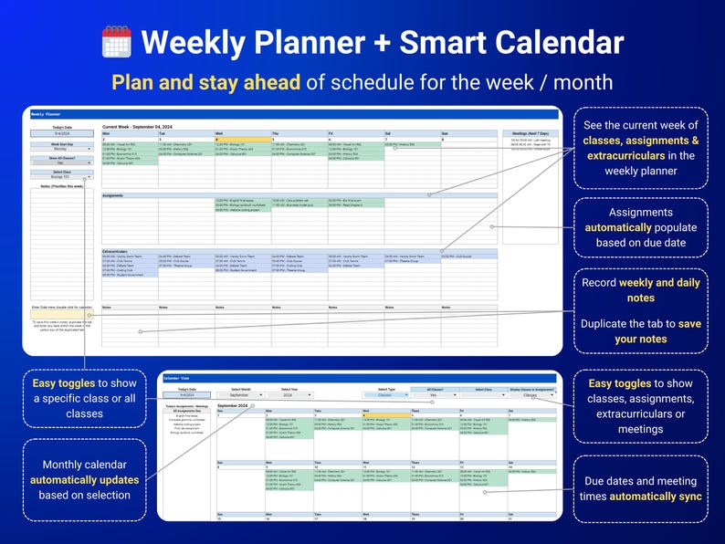 Op de afbeelding: Een digitale weekplanner en slimme kalenderinterface met een blauw-witte lay-out, ingedeeld in secties voor lessen, opdrachten en buitenschoolse activiteiten. Het scherm bevat interactieve schakelaars, geautomatiseerde planning en maandelijkse kalenderweergaven met tekstlabels die functies zoals automatische synchronisatie en notitiebeheer beschrijven.