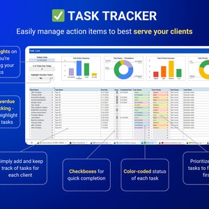 May include: A screenshot of a task tracker software interface with a blue background. The software features a task list, task status summary, task priority summary, and a table with client names, task names, due dates, completed dates, task status, task priority, task owner, and task notes. The software is designed to help users manage action items and serve clients.