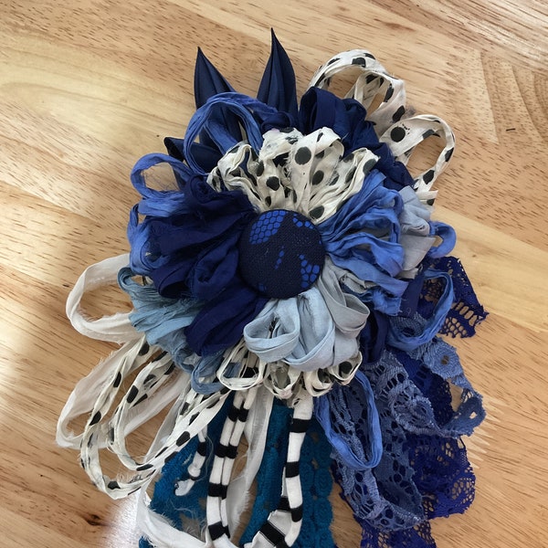 Blue Summer Love-Rag Bow-Upcycled Flower Pin-Corsage