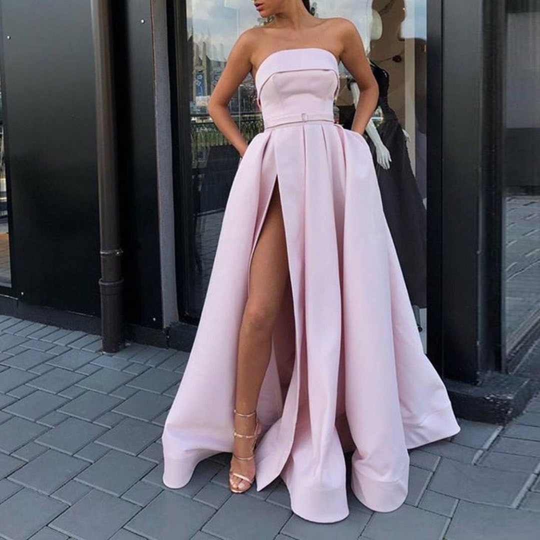 Pink Satin Strapless Long Prom Dress With Slit and Belt Prom - Etsy Canada
