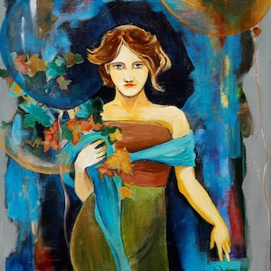 November, Original oil painting and acrylic on canvas, modern wall art, contemporary painting, home decor, woman portrait, unique handmade