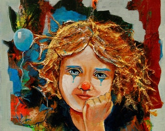 Cogito, Original Acrylgemälde auf Leinwand, Clown Leinwand Wandkunst, zeitgenössische Malerei für Wohnzimmer, Wohnkultur, einzigartiges handgefertigtes Geschenk