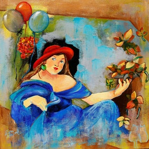 Dance of Leaves, Original oil painting and acrylic on canvas, wall art contemporary painting home decor woman portrait, unique handmade gift