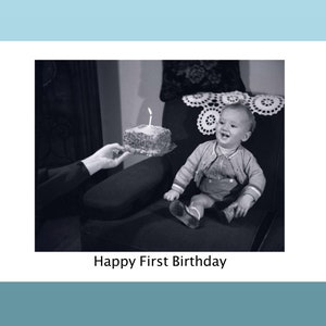 First Birthday Baby One Candle Cake Greeting Card Vintage Photo Digital Download Printable Card Blank Inside