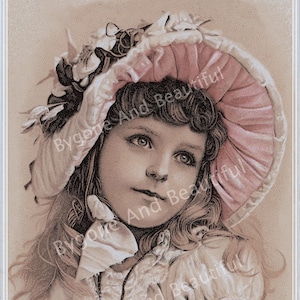 Postal antigua Victorian Girl Pink Hat Junk Journal Scrapbook Digital Download