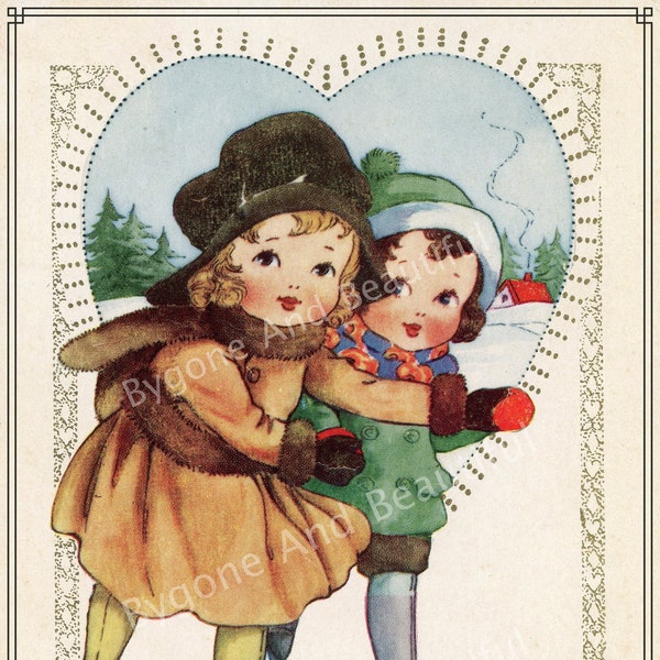 Antique Postcard Children Ice Skating Winter Junk Journal Scrapbook Digital Download