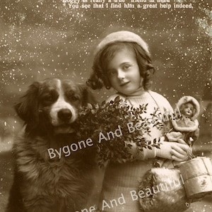 Vintage Antique Image Christmas Victorian Girl Saint Bernard Dog Doll Snow Junk Journal Scrapbook Digital Download