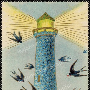 Antique Postcard Lighthouse Birds Flowers Forget Me Nots Junk Journal Scrapbook Digital Download