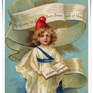 Cartão postal antigo menina patriótica cantando meu país Tis Of Thee Junk Journal Scrapbook download digital