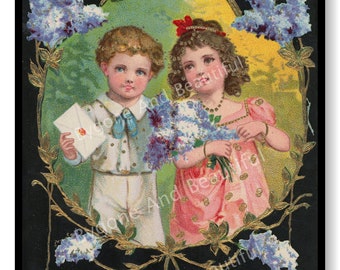 Antique Postcard Victorian Boy Girl Flowers Junk Journal Scrapbook Digital Download