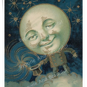 Antique Postcard Man In The Moon Stars Junk Journal Scrapbook Digital Télécharger