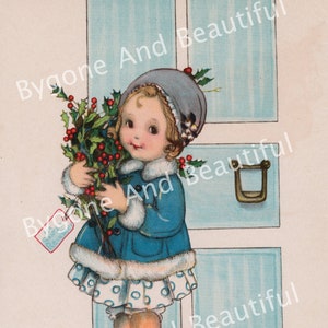 Vintage Antik Bild Weihnachten Mädchen Holly für Rentier Kranz Junk Journal Scrapbook Digital Download